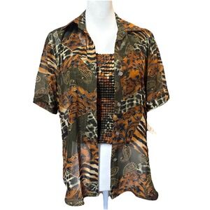 Vtg 90s Twin set Crinkle Tank Sheer Black Animal Print Blouse Women's Small NWT
